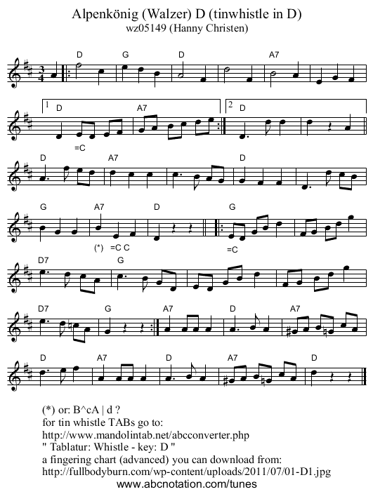 Alpenk&ouml;nig (Walzer) D (tinwhistle in D) - staff notation