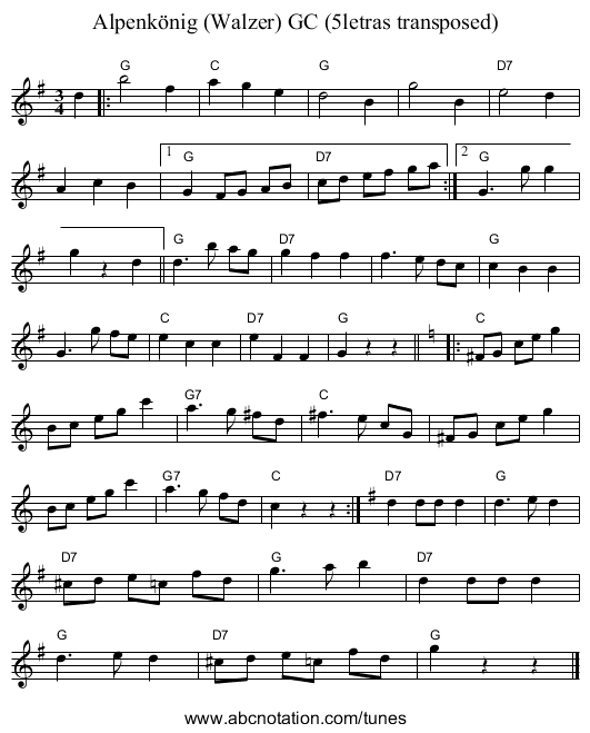 Alpenk&ouml;nig (Walzer) GC (5letras transposed) - staff notation