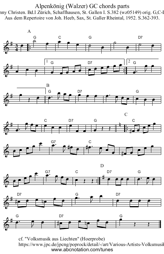 Alpenk&ouml;nig (Walzer) GC chords parts - staff notation