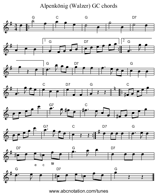 Alpenk&ouml;nig (Walzer) GC chords - staff notation