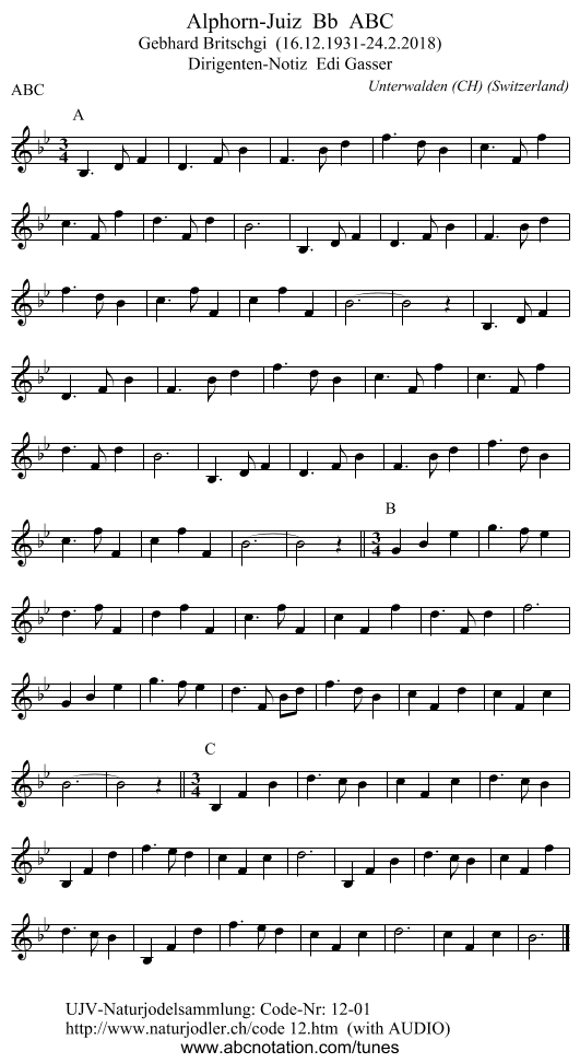 Alphorn-Juiz  Bb  ABC - staff notation
