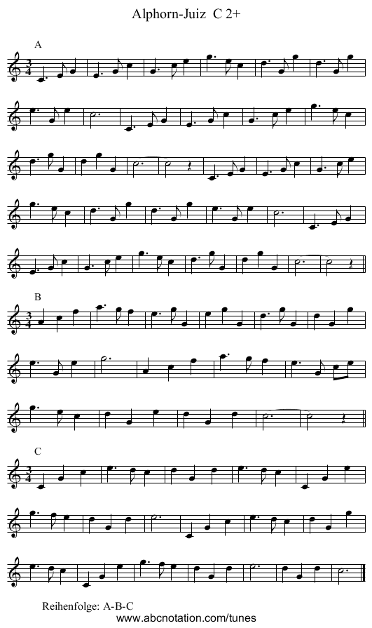 Alphorn-Juiz  C 2+ - staff notation