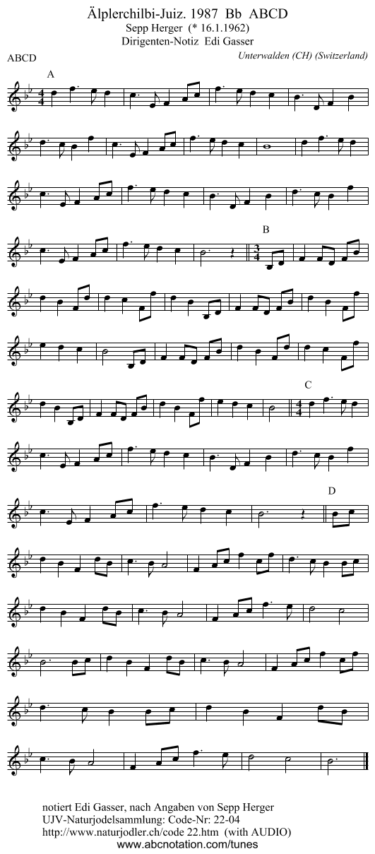 Älplerchilbi-Juiz. 1987  Bb  ABCD - staff notation
