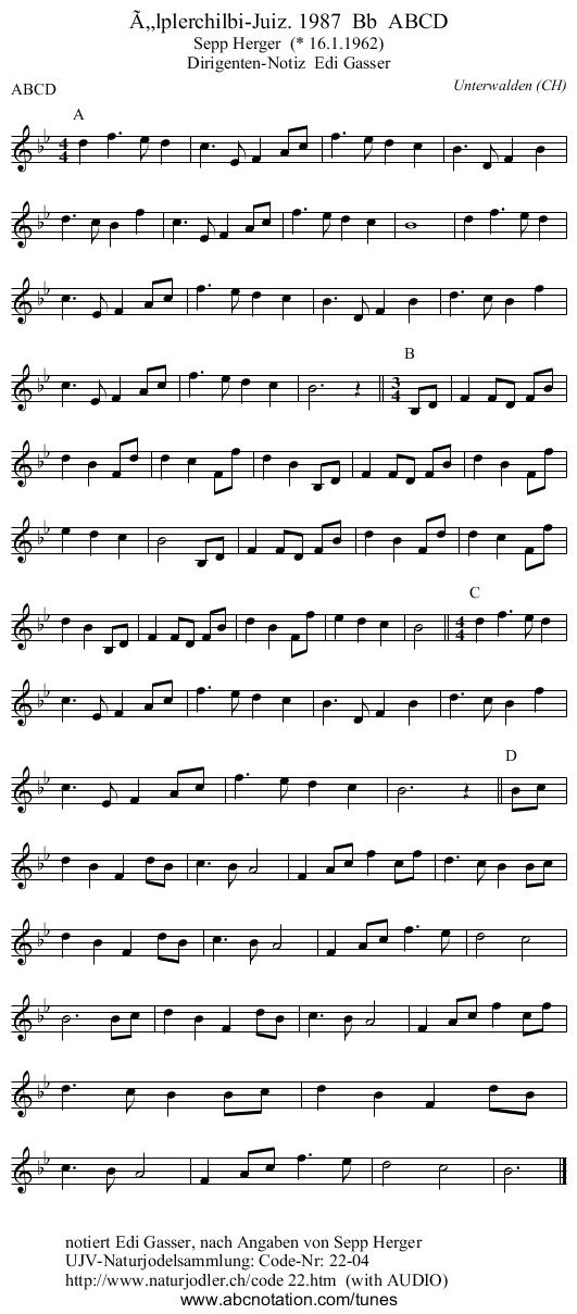 Älplerchilbi-Juiz. 1987 Bb ABCD - staff notation