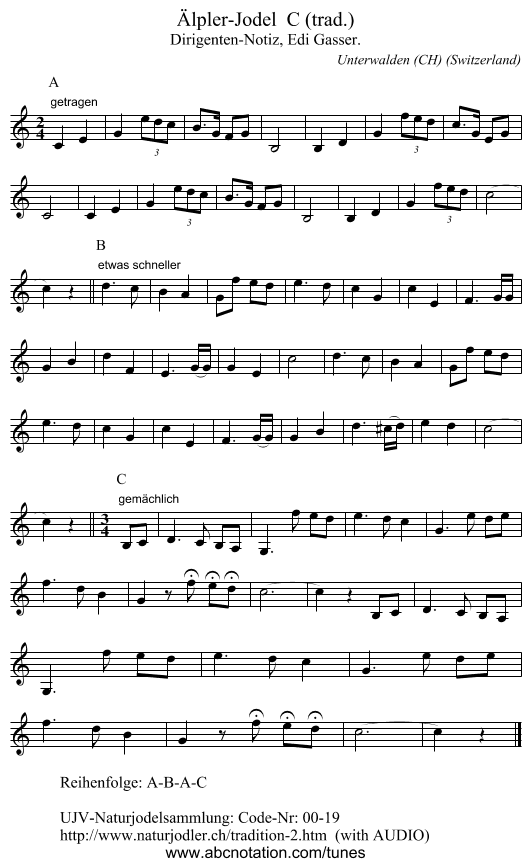 Älpler-Jodel  C (trad.) - staff notation