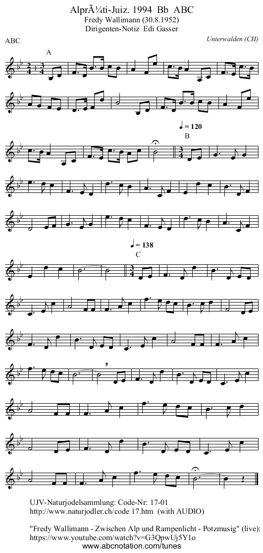 Alprüti-Juiz. 1994 Bb ABC - staff notation