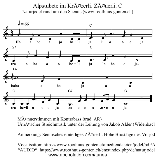 Alpstubete im Kräzerli. Zäuerli. C - staff notation