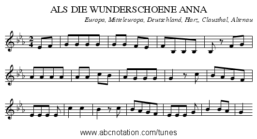 ALS DIE WUNDERSCHOENE ANNA - staff notation
