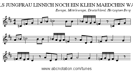 ALS JUNGFRAU LINNICH NOCH EIN KLEIN MAEDCHEN WAR - staff notation
