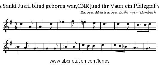 Als Sankt Justil blind geboren war,CNR[und ihr Vater ein Pfalzgraf war - staff notation