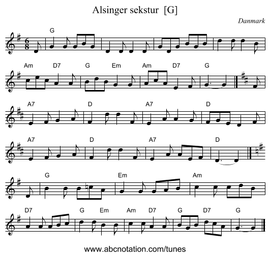 Alsinger sekstur  [G] - staff notation
