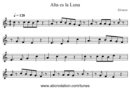 Alta es la Luna - staff notation