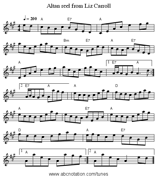 Altan reel from Liz Carroll - staff notation