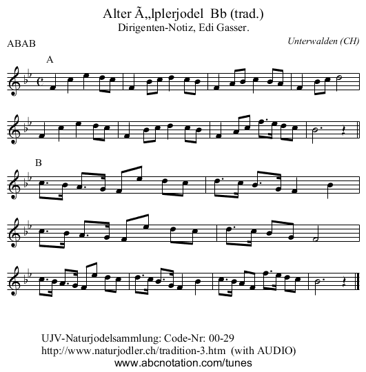 Alter Älplerjodel Bb (trad.) - staff notation