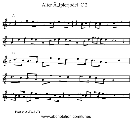 Alter Älplerjodel C 2+ - staff notation