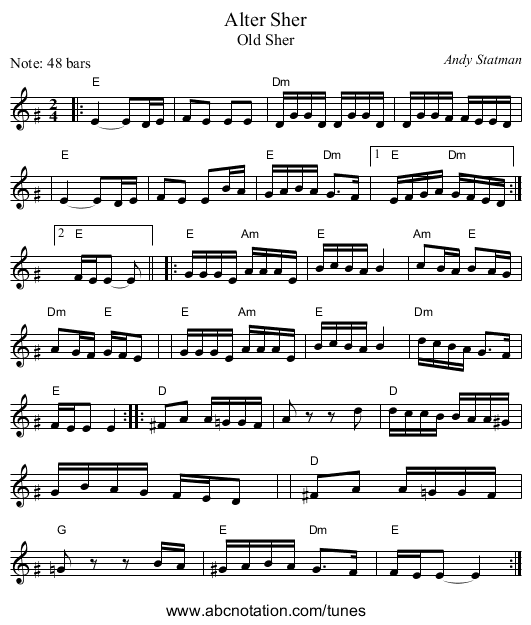 Alter Sher - staff notation