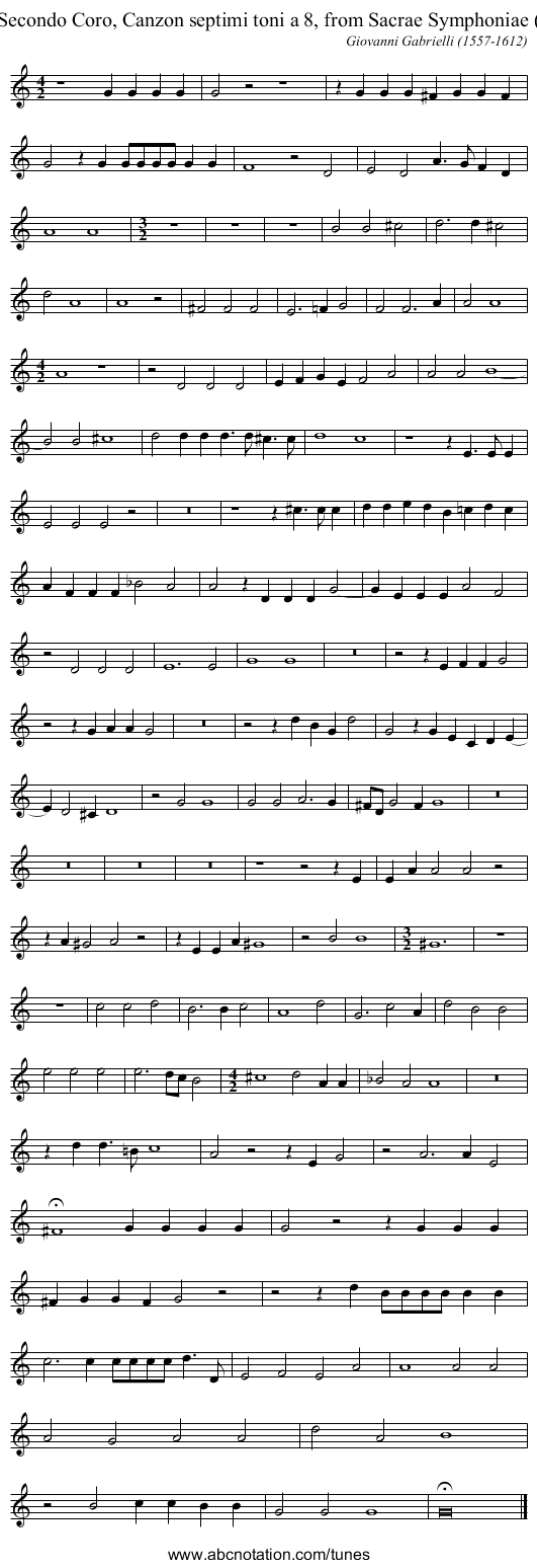 Alto, Secondo Coro, Canzon septimi toni a 8, from Sacrae Symphoniae (1597) - staff notation
