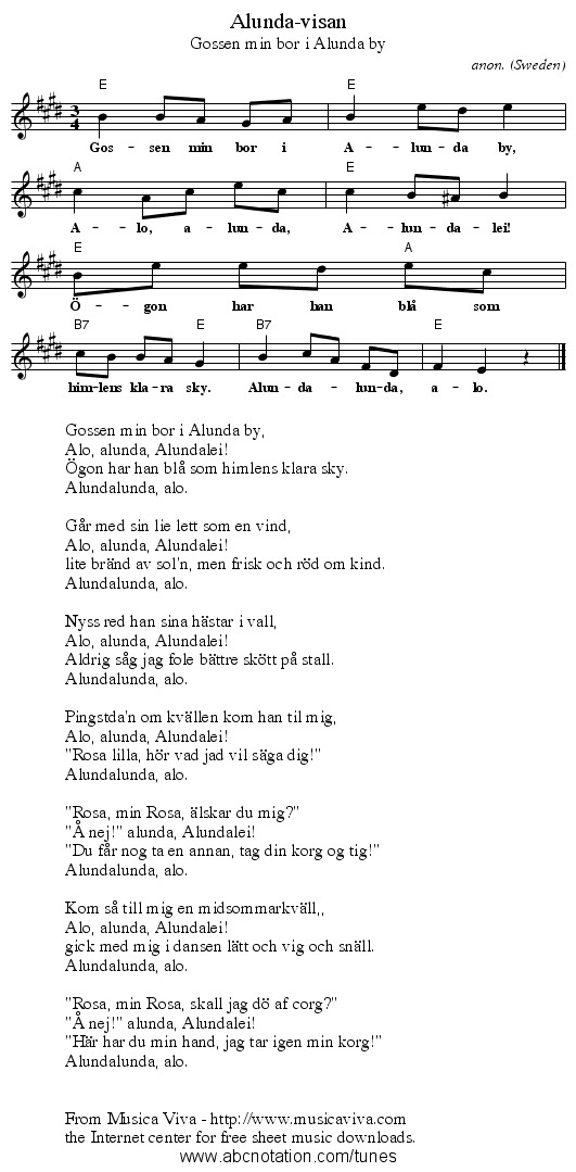 Alunda-visan - staff notation
