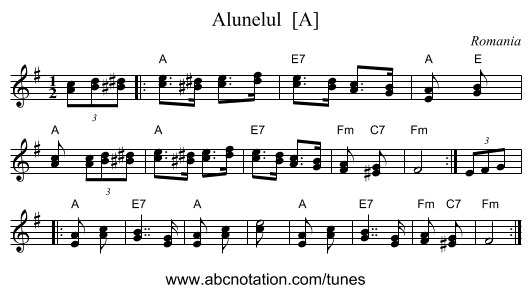 Alunelul  [A] - staff notation
