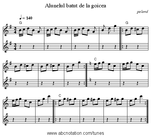 Alunelul batut de la goicea - staff notation