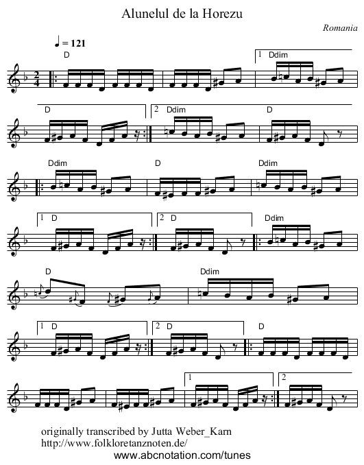 Alunelul de la Horezu - staff notation