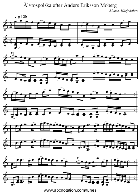 Älvrospolska efter Anders Eriksson Moberg - staff notation