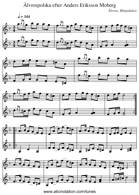 Älvrospolska efter Anders Eriksson Moberg - staff notation