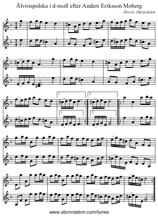 Älvrospolska i d-moll efter Anders Eriksson Moberg - staff notation