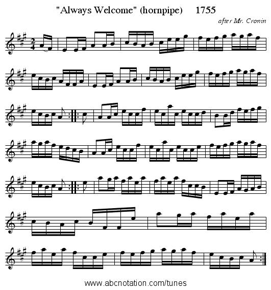 Always Welcome (hornpipe) 1755 - staff notation