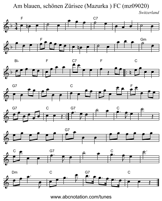 Am blauen, sch&ouml;nen Z&uuml;risee (Mazurka ) FC (mz09020) - staff notation