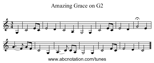 Amazing Grace on G2 - staff notation