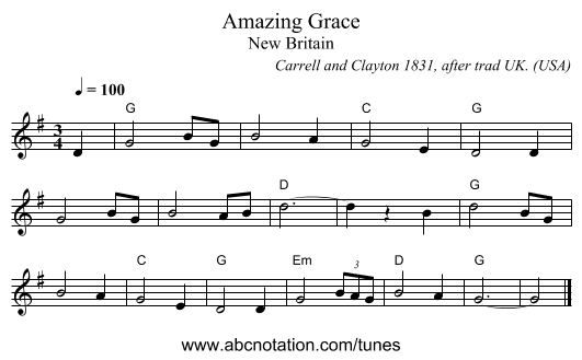 Amazing Grace - staff notation