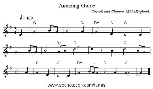 Amazing Grace - staff notation