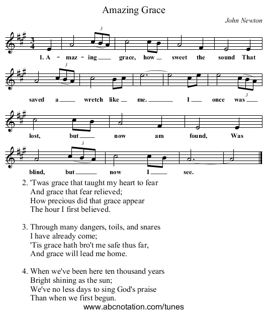 Amazing Grace - staff notation