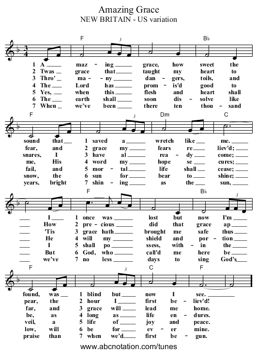 Amazing Grace - staff notation