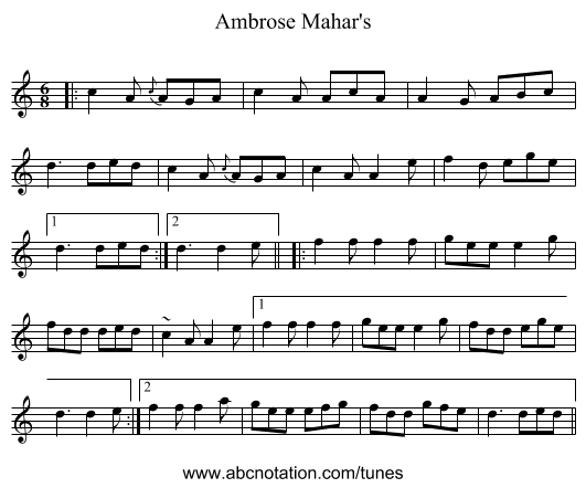 Ambrose Mahar's - staff notation