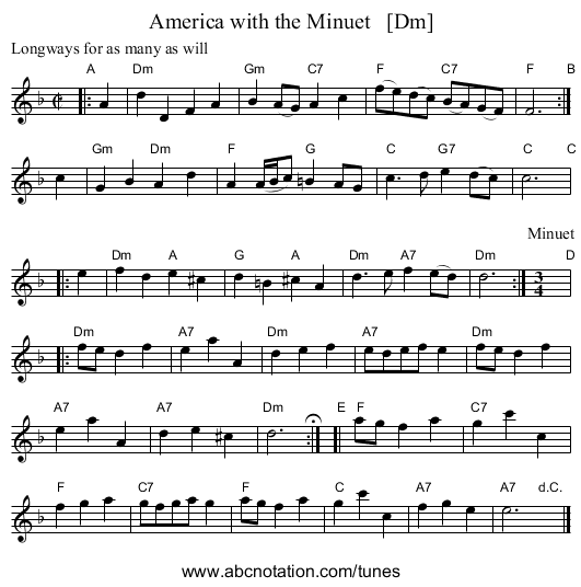 America with the Minuet   [Dm] - staff notation