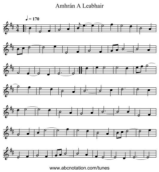 Amhr&aacute;n A Leabhair - staff notation