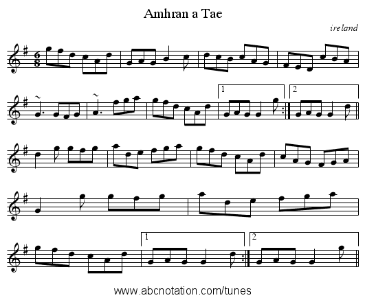 Amhran a Tae - staff notation