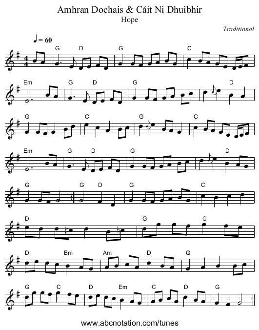 Amhran Dochais & C&aacute;it Ni Dhuibhir - staff notation