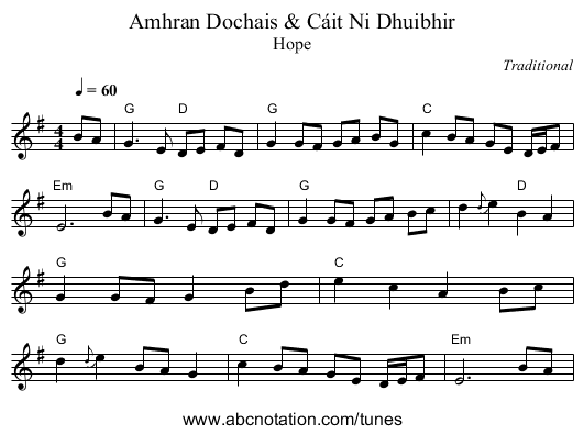 Amhran Dochais & C&aacute;it Ni Dhuibhir - staff notation