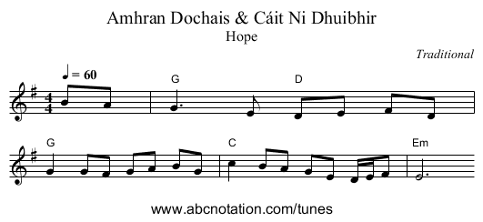 Amhran Dochais & C&aacute;it Ni Dhuibhir - staff notation