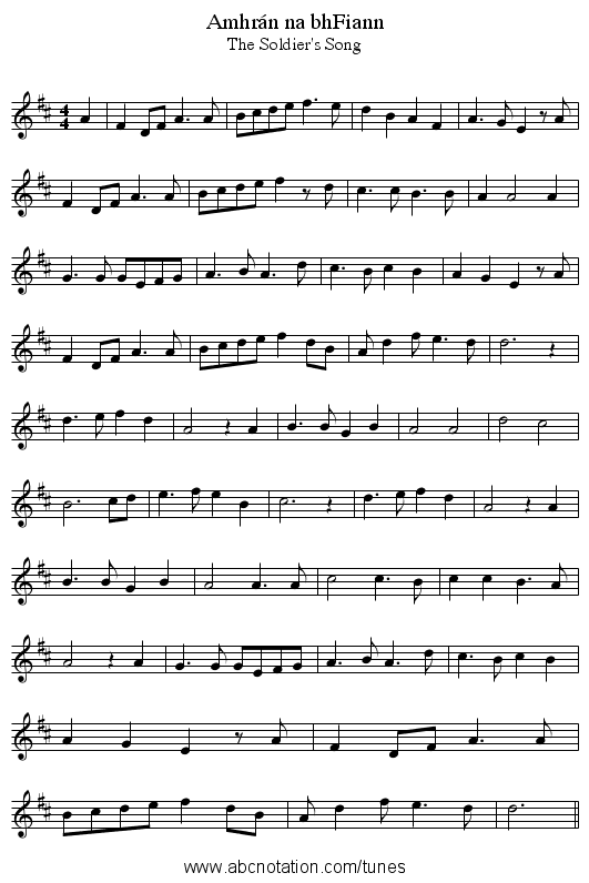 Amhr&aacute;n na bhFiann - staff notation