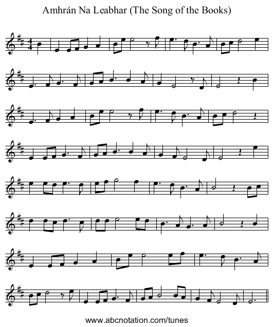 Amhr&aacute;n Na Leabhar (The Song of the Books) - staff notation