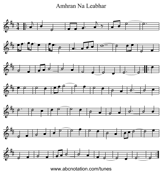 Amhran Na Leabhar - staff notation
