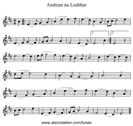 Amhran na Leabhar - staff notation