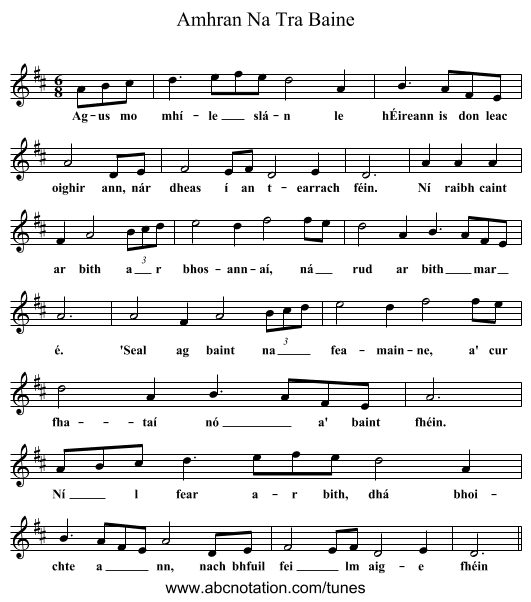 Amhran Na Tra Baine - staff notation