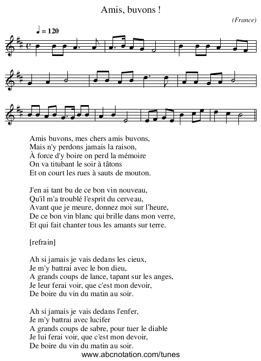 Amis, buvons ! - staff notation