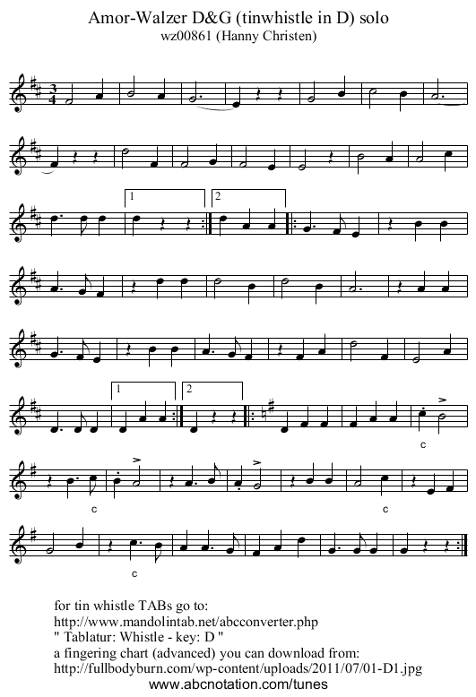 Amor-Walzer D&G (tinwhistle in D) solo - staff notation