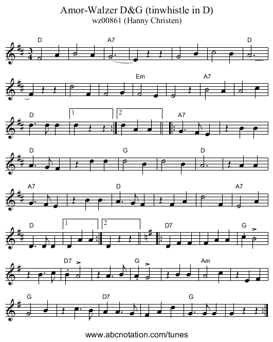 Amor-Walzer D&G (tinwhistle in D) - staff notation